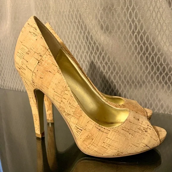 NINE WEST Cork Peep Toe Heels sz 6 - Picture 1 of 7